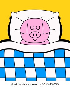 Pink pig peacefully sleeping under a blue and white checkered blanket with a yellow background cartoon vector illustration  for children’s content, bedtime themes, and animal design