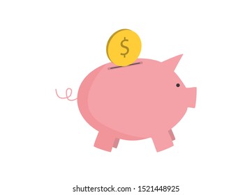 Pink pig piggy bank and coin. Symbol of money saving, hoarding cash, accumulation, economy and moderate expenses isolated on white background. Vector stock flat illustration.