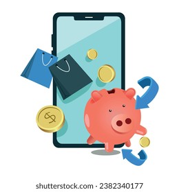 Pink pig piggy bank, gold coins or dollar money, shopping bag, floating in the air, blue arrows and all this appears on the smartphone screen, vector for cashback advertising design