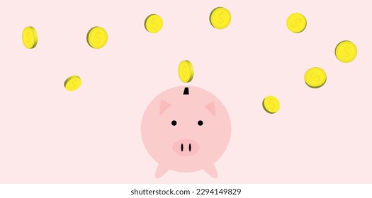 pink pig piggy bank next to coins falling from above on pink background, savings, investment, future