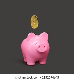 Pink pig piggy bank on dark background. Money creative business concept. Realistic 3d design gold coins. Safe finance investment or financial services. Vector illustration