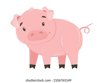 Pink pig or piggy isolated on white background. Vector drawing of a funny cartoon pig, farm livestock or pet. Colorful childish hand drawn vector illustration in modern flat style.