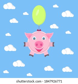 Pink pig, piglet flies on one green balloon in the blue sky with clouds. Vector illustration.