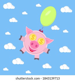 A pink pig, a piglet with gold coins instead of eyes, flies on a green balloon in a blue sky with clouds. Vector illustration.