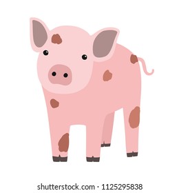 Pink pig or piglet isolated on white background. Portrait of funny cartoon barnyard animal, farm livestock or domestic pet. Colorful childish hand drawn vector illustration in modern trendy style.