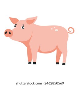 Pink pig or piglet isolated on white background. Vector drawing of a cute cartoon pig, farm livestock or pet. Colorful children's vector illustration, hand drawn in modern flat style.