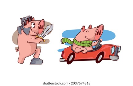 Pink Pig Playing Knight Wearing Helmet Holding Sword and Driving Car Vector Set