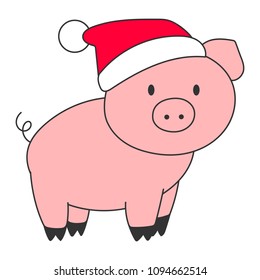 Pink pig in red hat. Asian New Year 2019 symbol. Vector illustration.