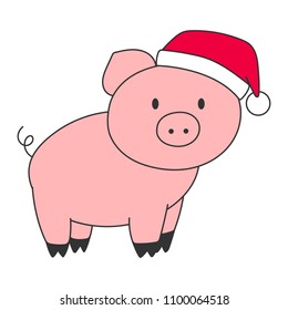 Pink pig in red hat. Chinese New Year 2019 symbol. Vector illustration.
