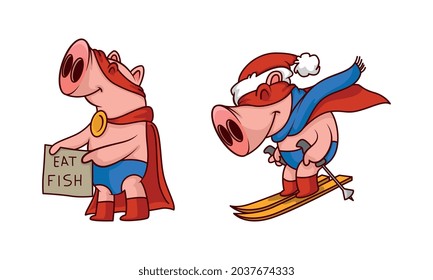 Pink Pig in Red Superhero Cloak and Mask Skiing and Holding Placard Appealing Eat Fish Vector Set