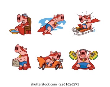 Pink Pig in Red Superhero Cloak and Mask Engaged in Different Activity Vector Set