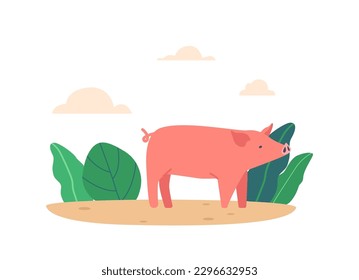Pink Pig Runs Through Summer Field, Snorting And Enjoying Its Freedom, Surrounded By Green Plants And Cloudy Sky