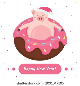 Pink pig in santa hat in donut with colorful confetti and label "Happy New Year"