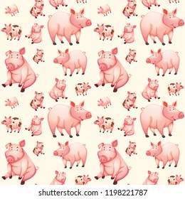 Ilustración de patrón transparente de cerdo rosa