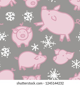 pink pig and snow, vector seamless pattern
