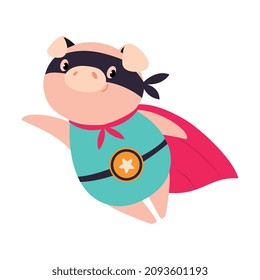 Pink Pig Superhero Character in Eye Mask and Cloak Flying Vector Illustration