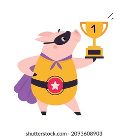 Pink Pig Superhero Character in Eye Mask and Cloak Holding Golden Cup Award Vector Illustration