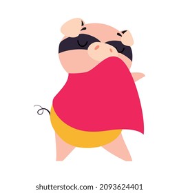 Pink Pig Superhero Character in Eye Mask and Cloak Having Super Power Vector Illustration