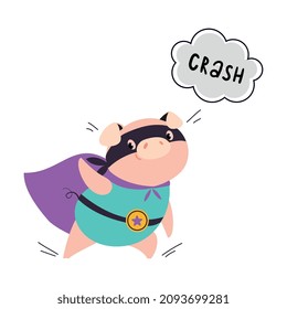 Pink Pig Superhero Character in Eye Mask and Cloak Crashing Vector Illustration