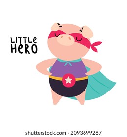 Pink Pig Superhero Character in Eye Mask and Cloak Having Super Power Vector Illustration