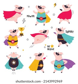 Pink Pig Superhero Character in Eye Mask and Cloak Having Super Power Vector Set