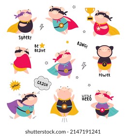 Pink Pig Superhero Character in Eye Mask and Cloak Having Super Power Vector Set