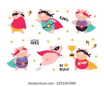 Pink Pig Superhero Character in Eye Mask and Cloak Having Super Power Vector Illustration Set