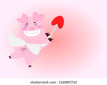 The pink pig turns into a cupid with wings and holds a bow at the  end of the red heart. Concept Pig year of love, valentine.