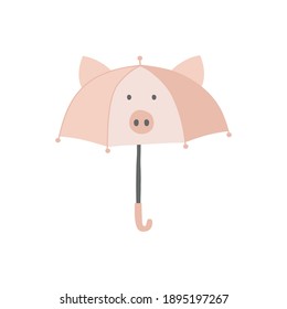 Pink Pig Umbrella with cute kawaii animal face clipart isolated on white background. Rainy weather accessory vector illustration for childish design