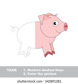 Pink pig in vector to be traced, restore dashed line and color the picture. Simple visual game with easy education game level, educational worksheet for preschool kids.