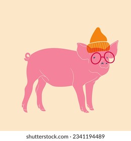 Pink pig. Vector illustration in a minimalist style  with Riso print effect. Graphic element for design, print, sticker, party decoration, logo, emblem, magazine prints or journal article, t-shirt des