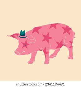 Pink pig. Vector illustration in a minimalist style  with Riso print effect. Graphic element for design, print, sticker, party decoration, logo, emblem, magazine prints or journal article, t-shirt des