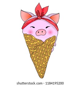 Pink pig in a waffle horn. Vector illustration. Ice cream in the form of a pig.