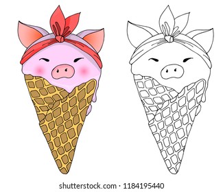 Pink pig in a waffle horn. Vector illustration. Ice cream in the form of a pig. Children's coloring.