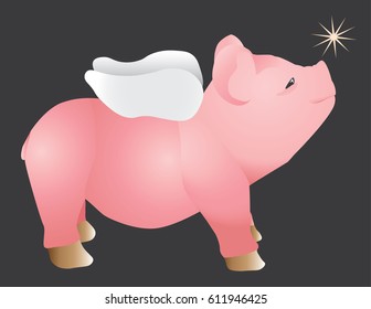 Pink pig with wings looking up at star abstract art vector illustration on a gray background.
