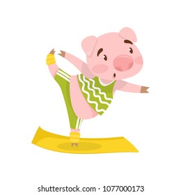 Pink pig in yoga position. Adorable farm animal in green sportswear. Active workout. Flat vector design