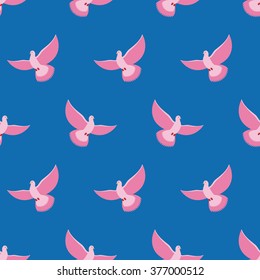 Pink Pigeon Seamless pattern. rose-colored bird is flying in blue sky background. Fantastic breed pigeons. Ornament for baby fabrics
