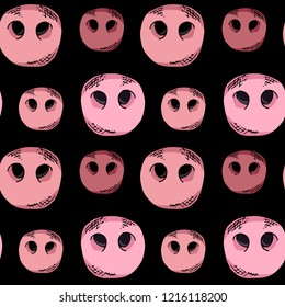 Pink Pigglet. Hand drawn style seamless pattern print.  Have a black background. Postcard, card, poster design, website design, banner, print. Vector