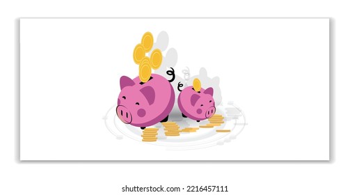 Pink Piggy bank box with falling coins or currency vector illustration. To create saving money a habit piggy banks are great toy for kids. Save money and Invest is a economic and financial concept.