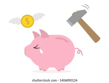 Pink Piggy bank breaking with hitting hammer concept