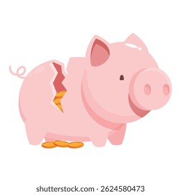 Pink piggy bank broken with coins falling out, illustrating financial loss, savings depletion, and economic hardship