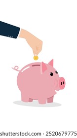 Pink piggy bank with business hand is putting coin for saving moneys. Vector Business Illustration.