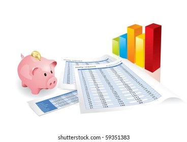 Pink piggy bank with chart and statistics (editable vector format)