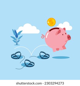 Pink piggy bank with coin. Avoid  steel bear trap, pitfall, mistake and failure. Flat vector illustration