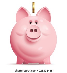Pink piggy bank with coin. Eps10. Transparency used. CMYK. Organized by layers. Global colors. Gradients used.