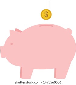 Pink piggy bank with coin falling inside it. Investment, savings and bank account concept. Personal or company/business. Saving money for a rainy day