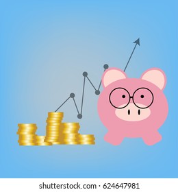  Pink piggy bank with coin for growing.