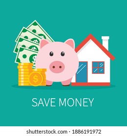 pink piggy bank with coin and home. Save money to buy a house.  Home investment loan. vector illustration in flat style modern design. 