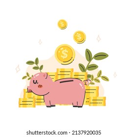 Pink piggy bank and coins dropping decorating with a pile of dollar coins and branches in money saving concept cartoon flat vector illustration isolated on white background.
