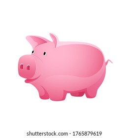 Pink piggy bank for coins on a white background, vector icon.